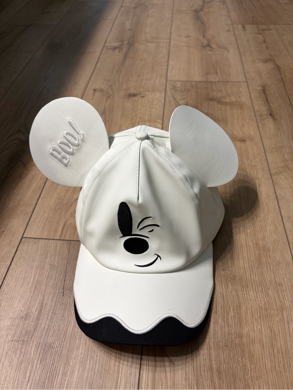 Women’s White Mickey Mouse Ear Cap with 'Boo' Detail